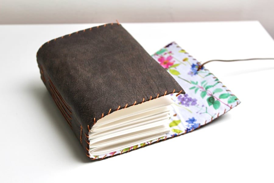 A6 Handmade Brown Leather art journal with floral fabric lining 