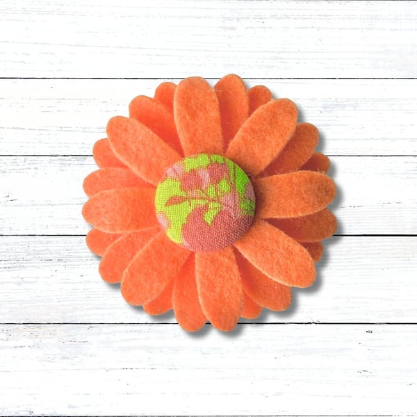 Handmade Felt Orange Flower Brooch, Eco Friendly Upcycled Fabric, Gift Boxed