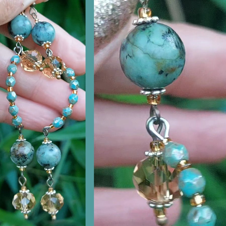 Bohemian Long Chandelier Teal Turquoisey Green Beaded Earrings with Gemstones