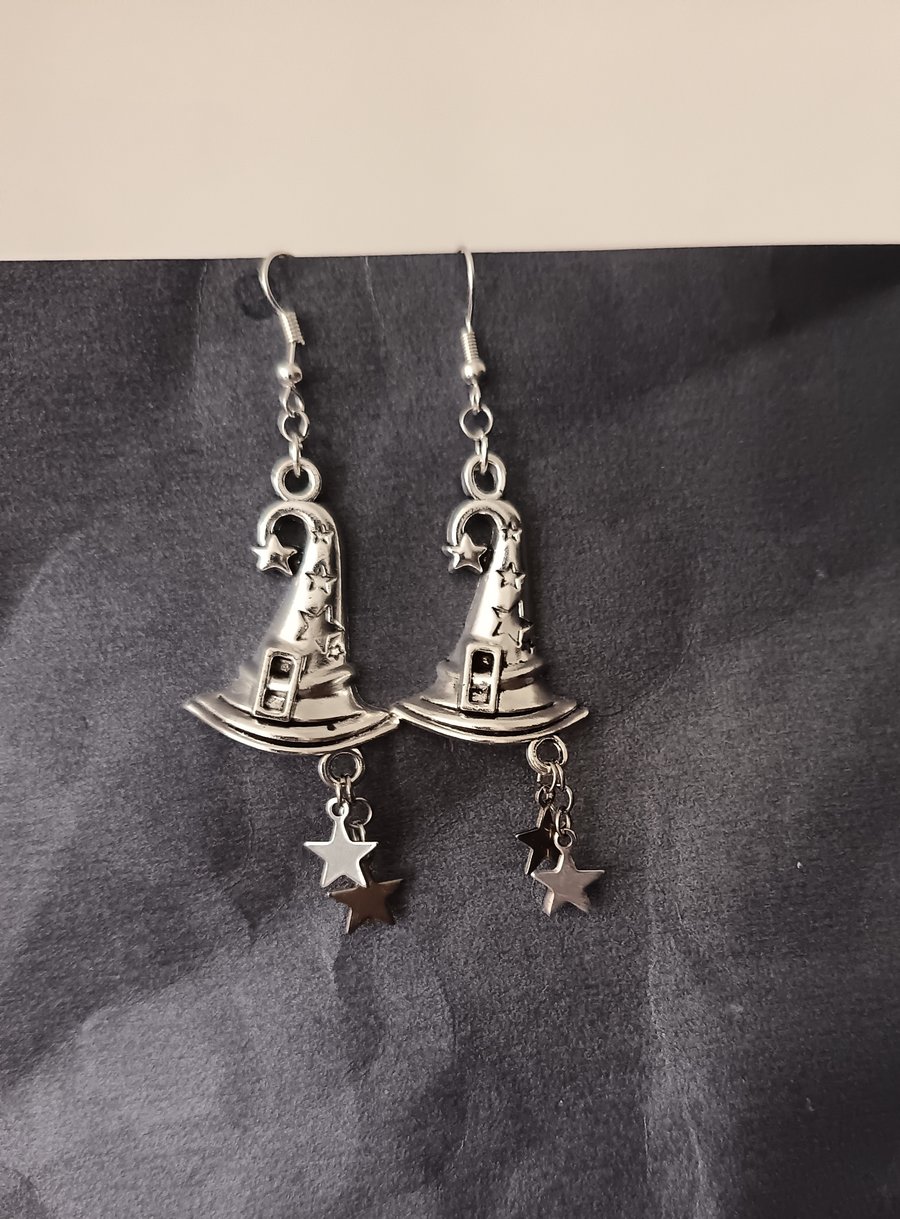 Silver witch's hat and star charm dangle earrings 