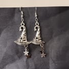 Silver witch's hat and star charm dangle earrings 