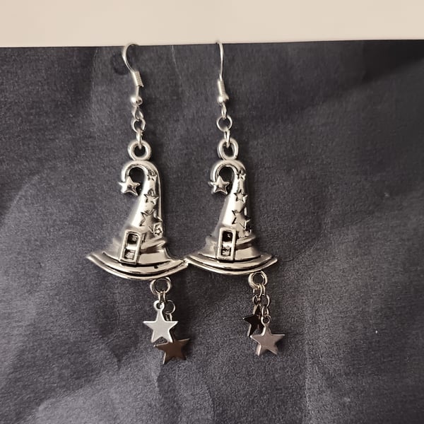 Silver witch's hat and star charm dangle earrings 