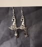 Silver witch's hat and star charm dangle earrings 