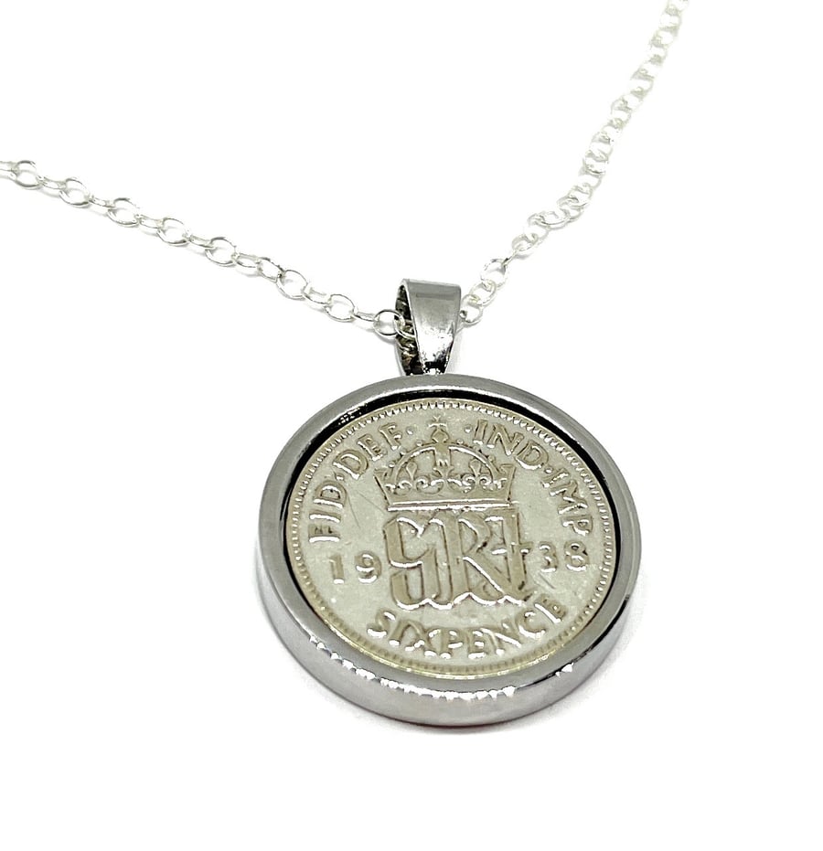 1938 86th Birthday Anniversary sixpence coin pendant plus 18inch SS chain gift 