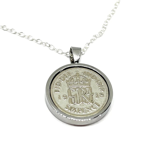 1938 86th Birthday Anniversary sixpence coin pendant plus 18inch SS chain gift 