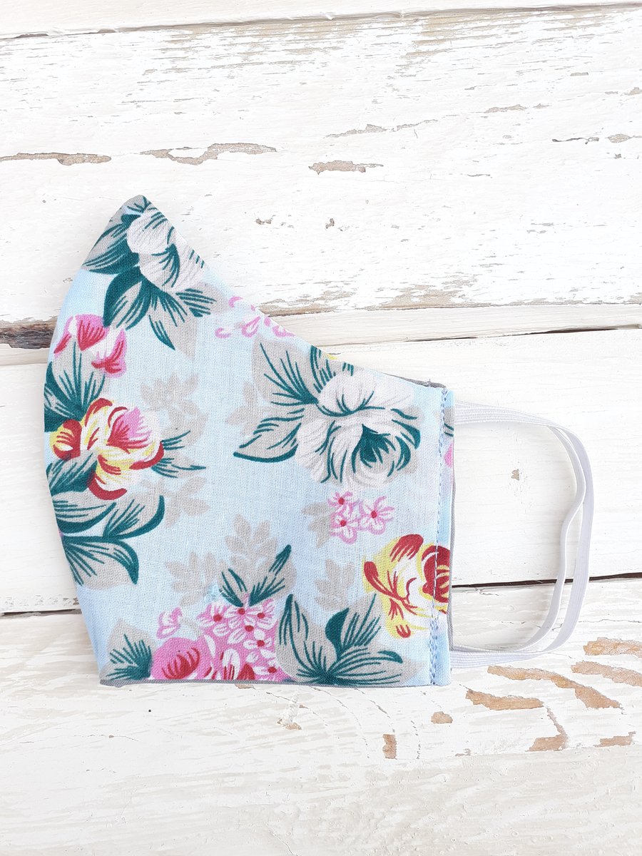 Handmade Reversible Face Mask Adult Size Pretty Blue Floral