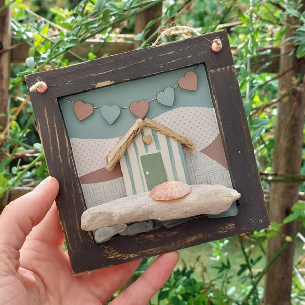 Sea Glass Beach Hut Wall Art, Driftwood Coastal Hanging, Handmade Seaside Decor