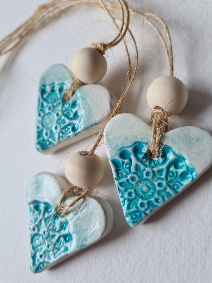 FREE DELIVERY Mini turquoise heart clay hanging decorations set of three