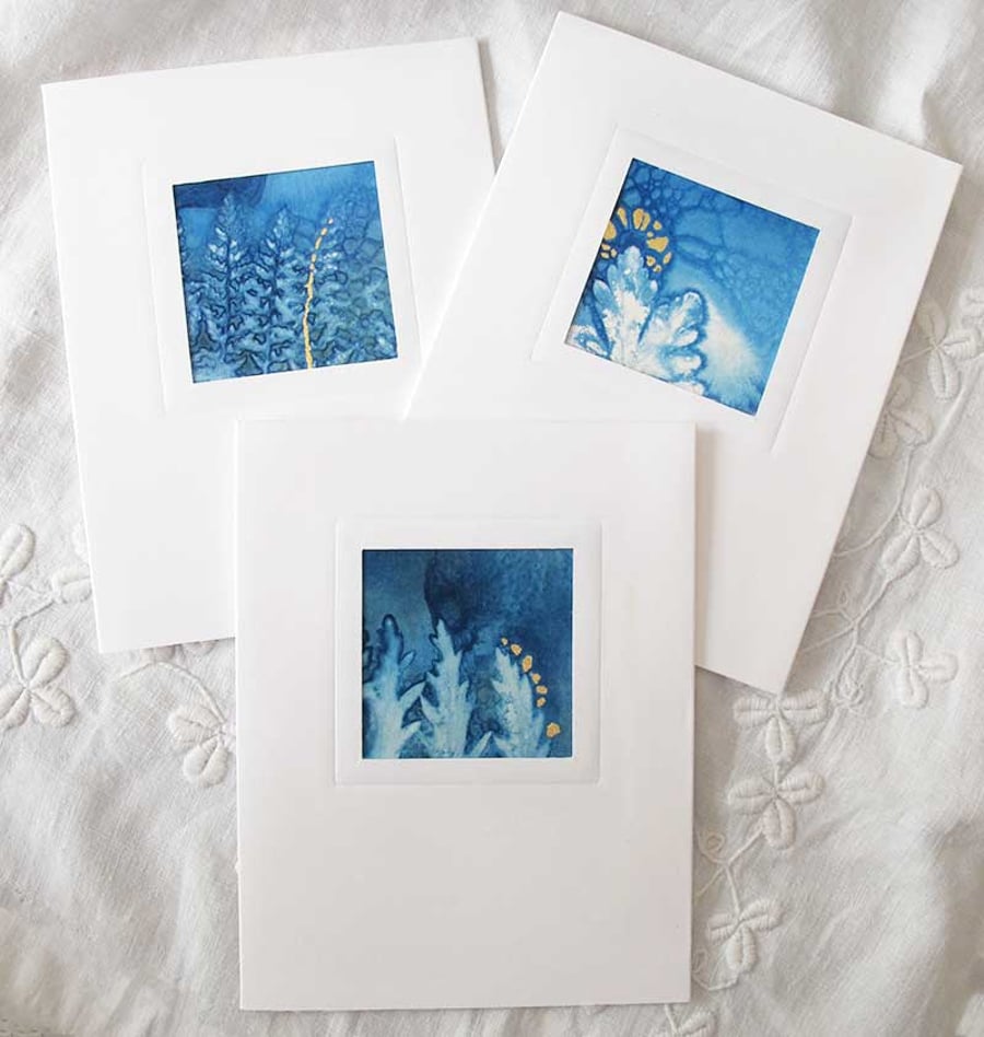 3 BOTANICAL CYANOTYPE PRINT CARDS WITH GOLD LEAF 