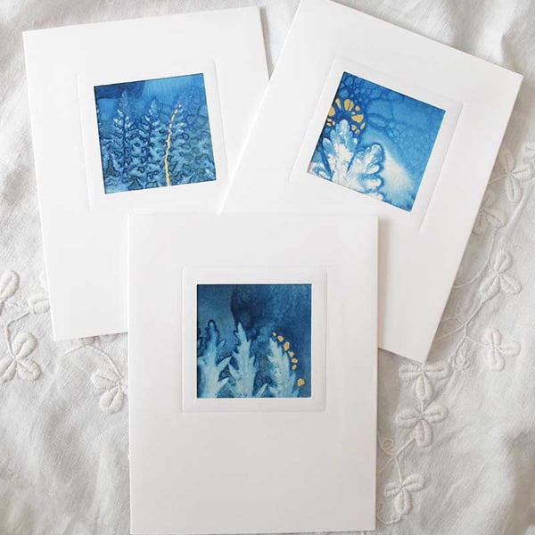 3 BOTANICAL CYANOTYPE PRINT CARDS WITH GOLD LEAF 