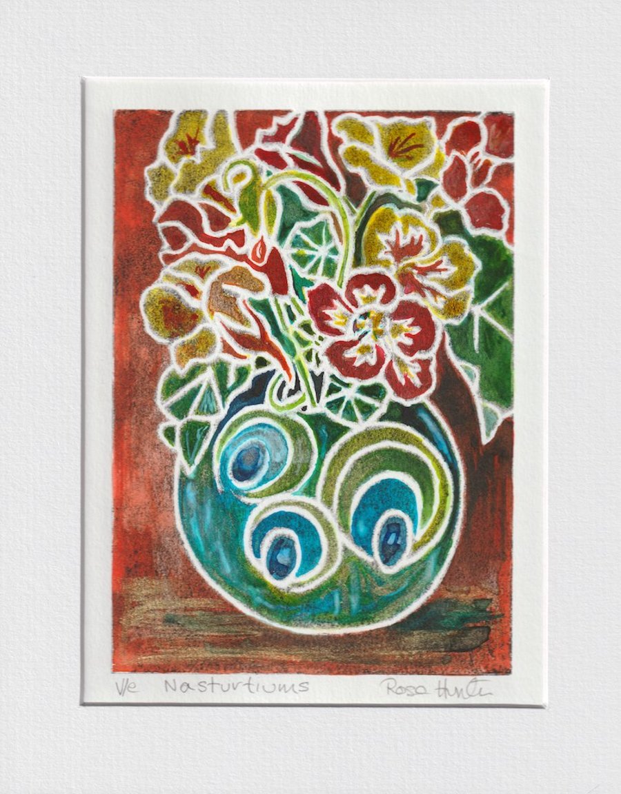 Nasturtiums 004 - hand painted lino print of a vase filled with nasturtiums