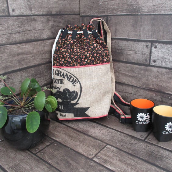 Upcycled Coffee Sack  - Bucket Bag - Black and Peach Floral