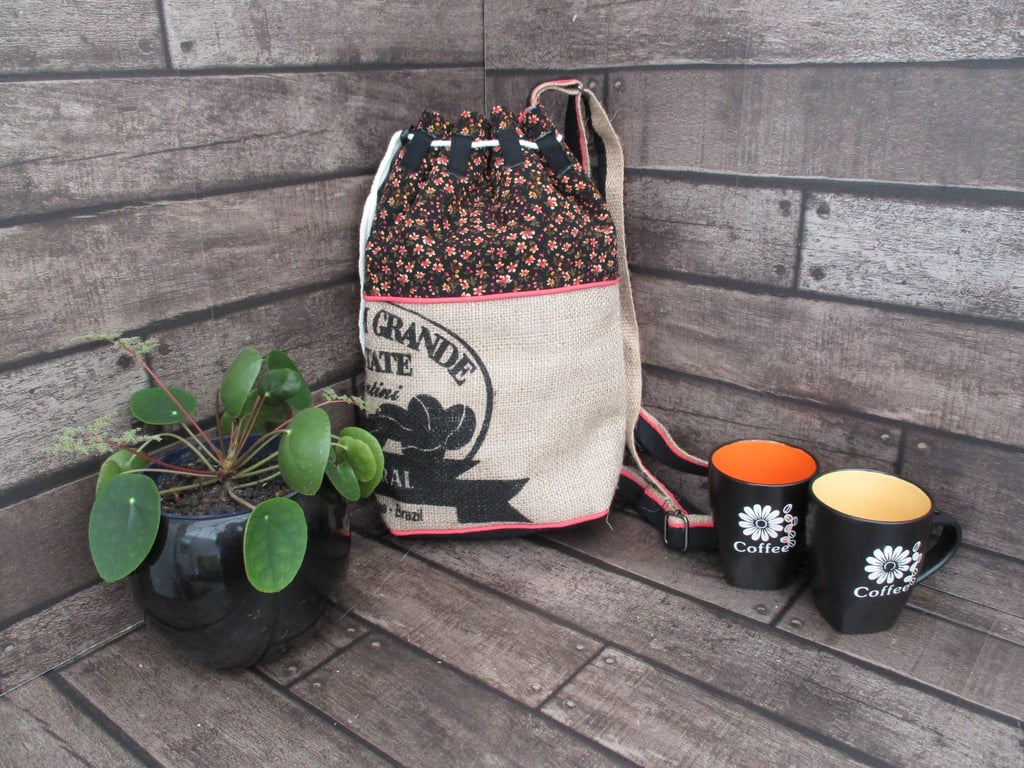 Upcycled Coffee Sack  - Bucket Bag - Black and Peach Floral