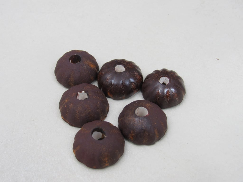 6 Small Dark Copper Half-round Ceramic Flower Beads