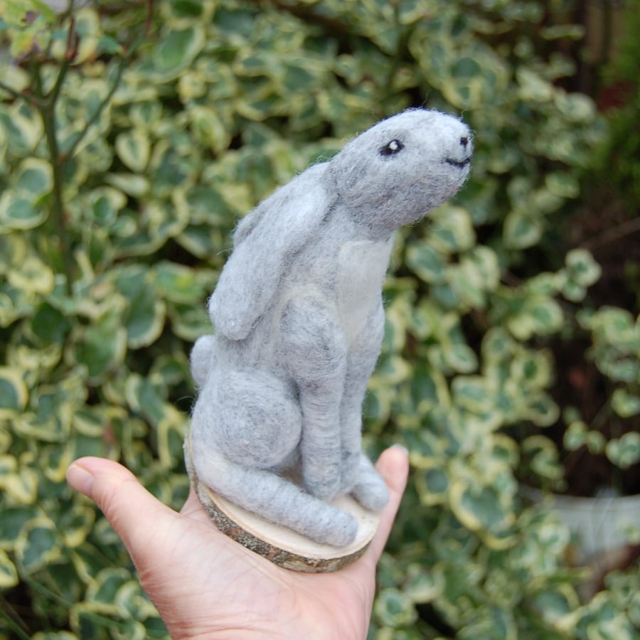 Needle Felt Hare - wool hare - hare ornament - moon gazing grey hare