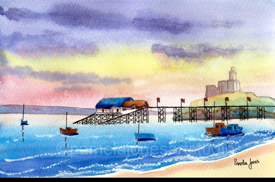 Morning Light, Mumbles Pier, Wales, Original Watercolour, in 14 x 11'' Mount