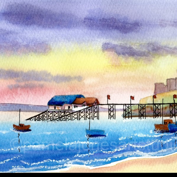 Morning Light, Mumbles Pier, Wales, Original Watercolour, in 14 x 11'' Mount