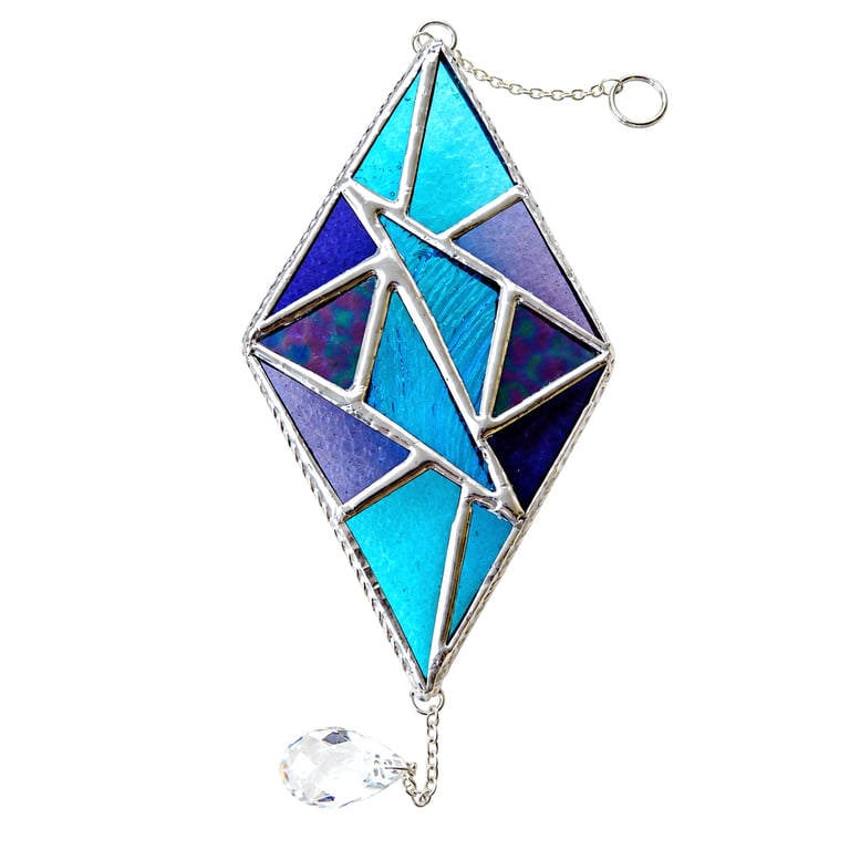 Stained Glass Diamond Suncatcher Handmade Turquoise Purple Triangles 