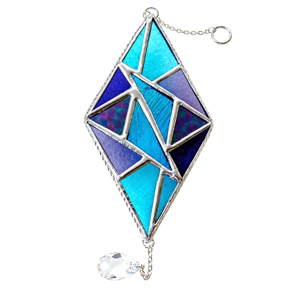 Stained Glass Diamond Suncatcher Handmade Turquoise Purple Triangles 
