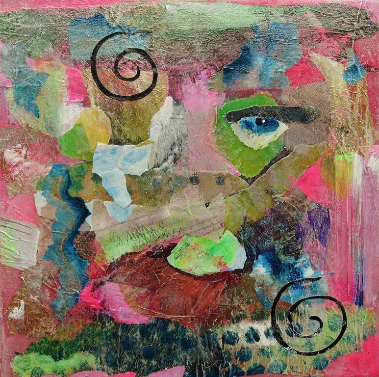 Small Abstract Face Painting Pink Green outsider Art Brut 8 x 8 Inch Deep Canvas