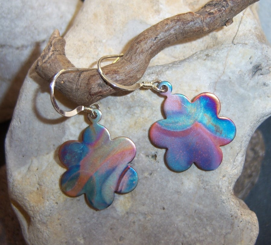 Flower Earrings in Flame Painted Copper