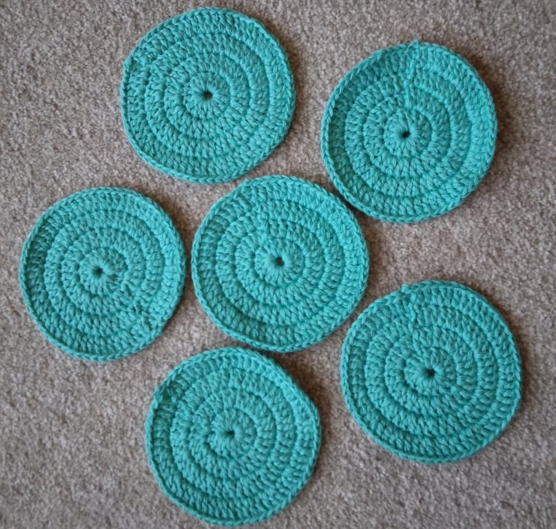 Crochet Coasters, set of 6, machine washable cotton, diameter 4 ins (10 Cm)