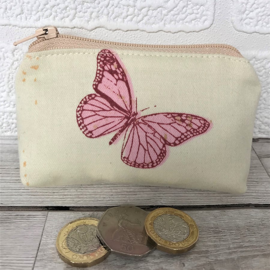 Small purse, coin purse in pale yellow with red and pink butterfly