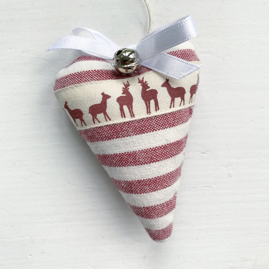 SALE - DEER CHRISTMAS HEART DECORATION - cranberry red stripes