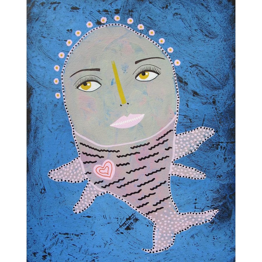 Whimsical Fish Illustration Painting Weird Surreal Outsider Folk Art 8 x 10 Inch