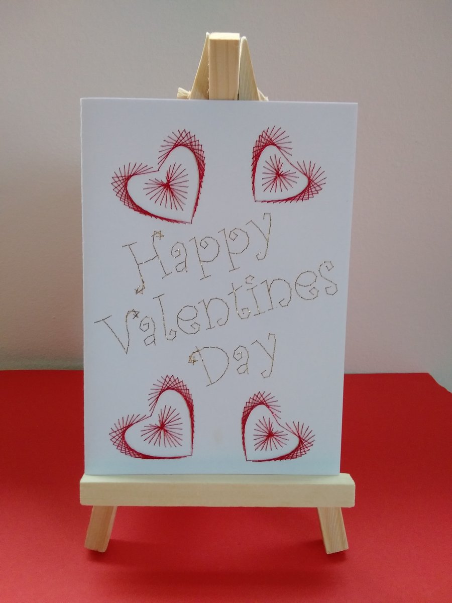 Happy Valentines Day Hearts. Hand Embroidered Card.