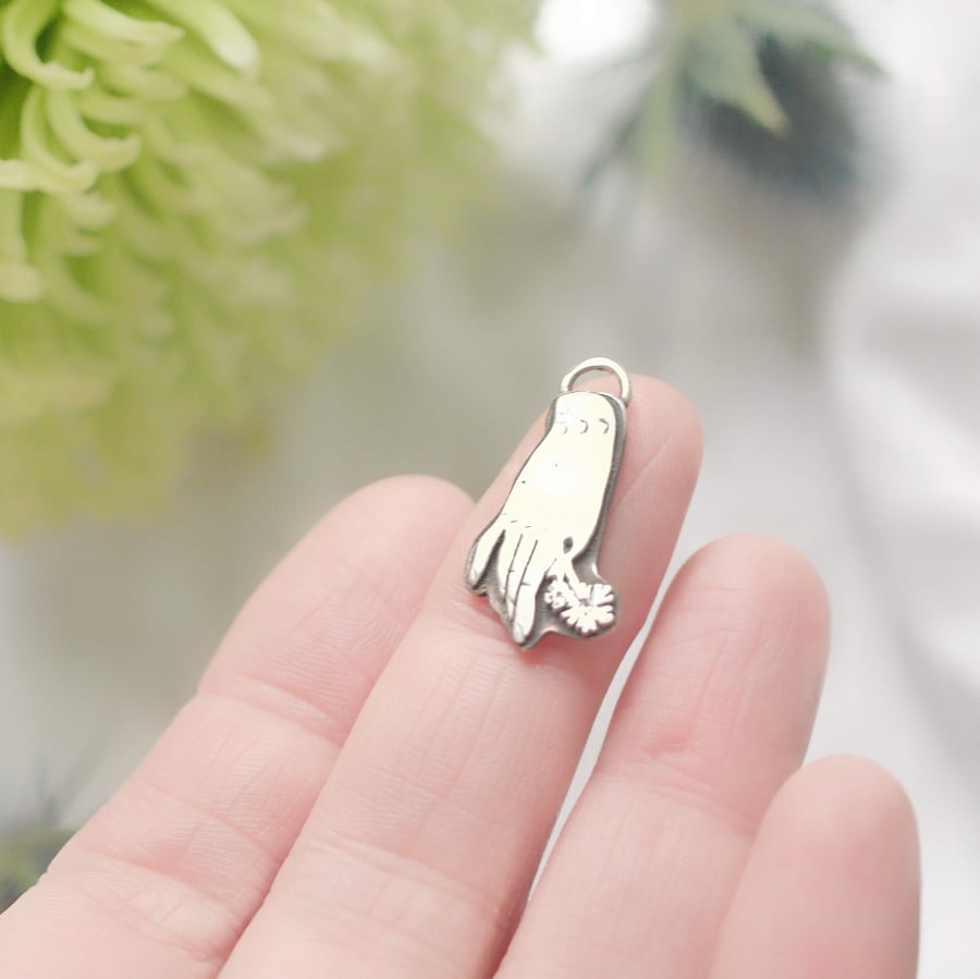 Seconds Sunday Silver Hand and Flower necklace charm, no chain