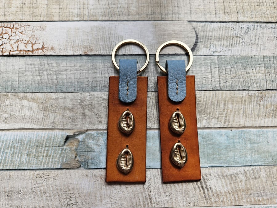 Tan and Blue Leather Keyring