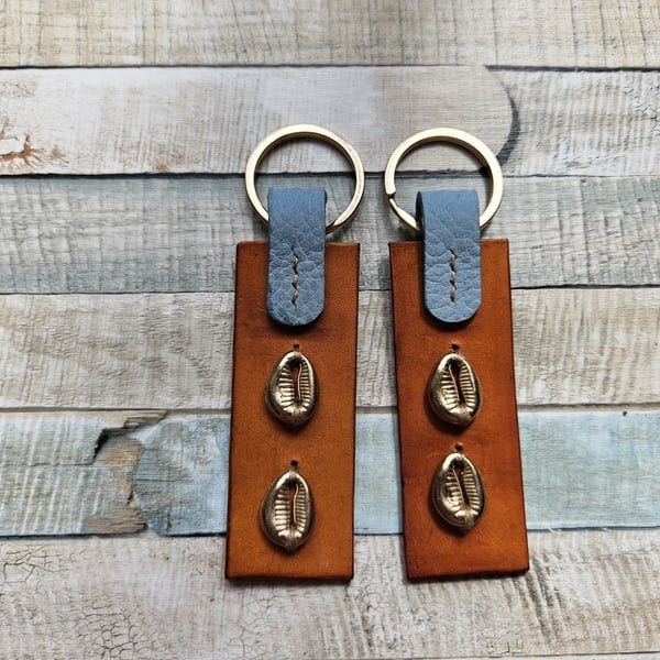 Tan and Blue Leather Keyring