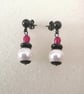 white, red & black earrings, dangle pearl & quartz  - Image 4