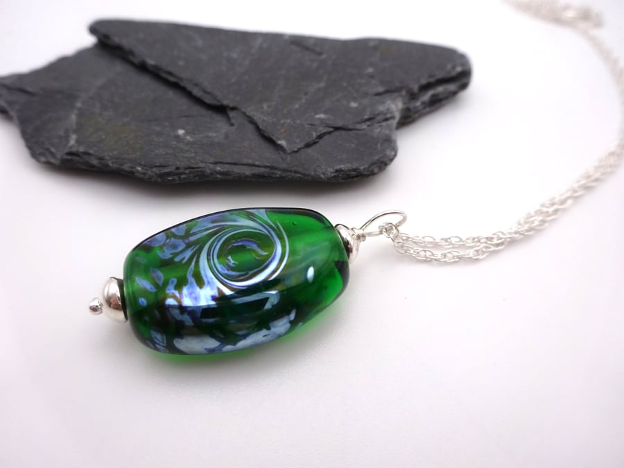 green lampwork glass silver swirl pendant necklace