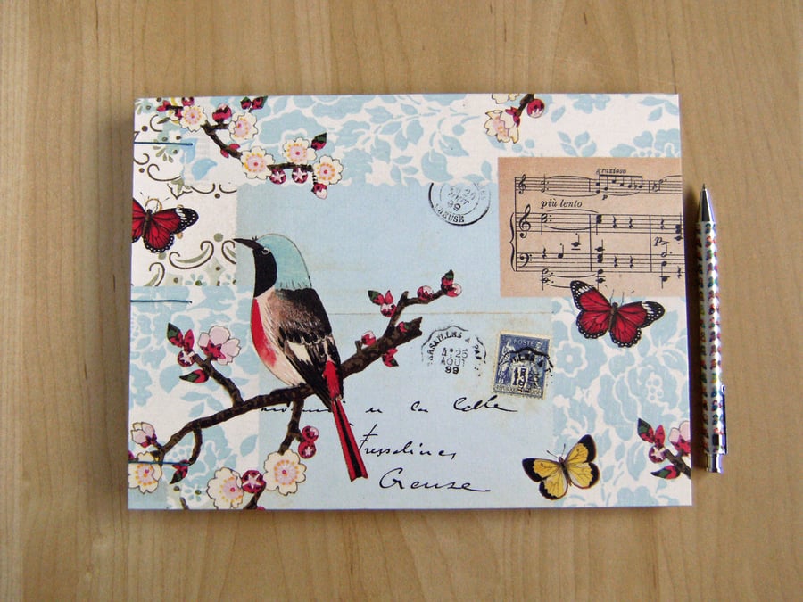 Wedding Guest Book, Hand Made, Birds and Butterflies in Aqua Turquoise