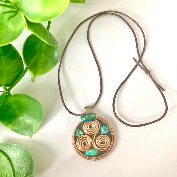 Triskeles Celtic Pendent With Abalone shell on Leather Cord - Copper