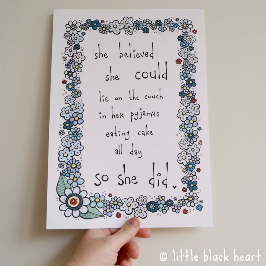 believe quote - hand coloured print - blues (A4)