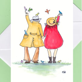 Blank Card. Couple Together Feeding The Birds.  Anniversary, wedding, love