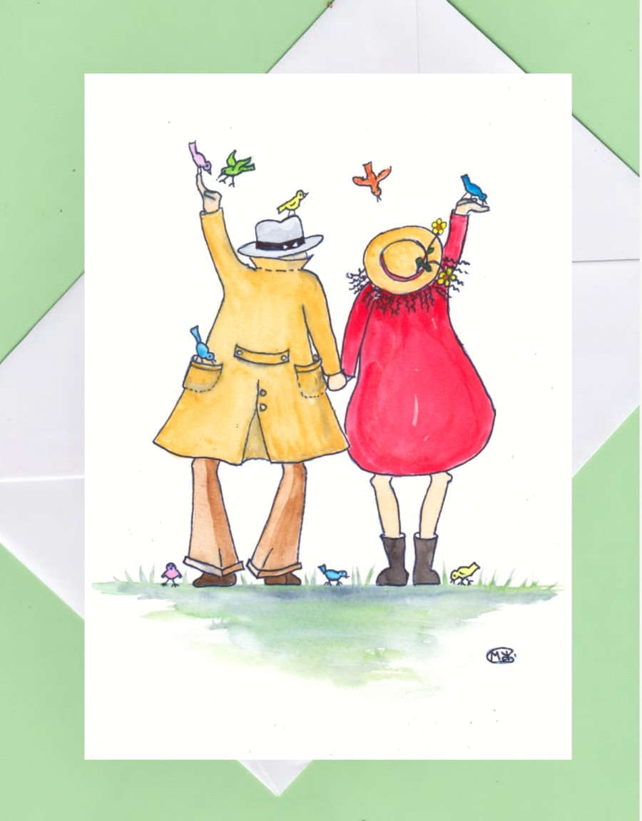 Blank Card. Couple Together Feeding The Birds.  Anniversary, wedding, love