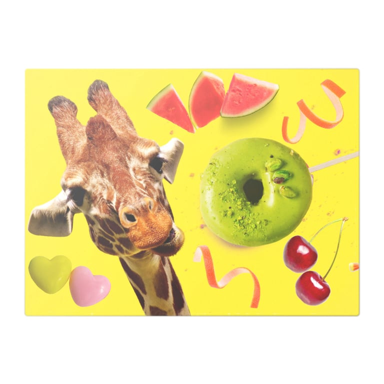 Delightful Giraffe And Fruit Display On Yellow Glass Chopping Board