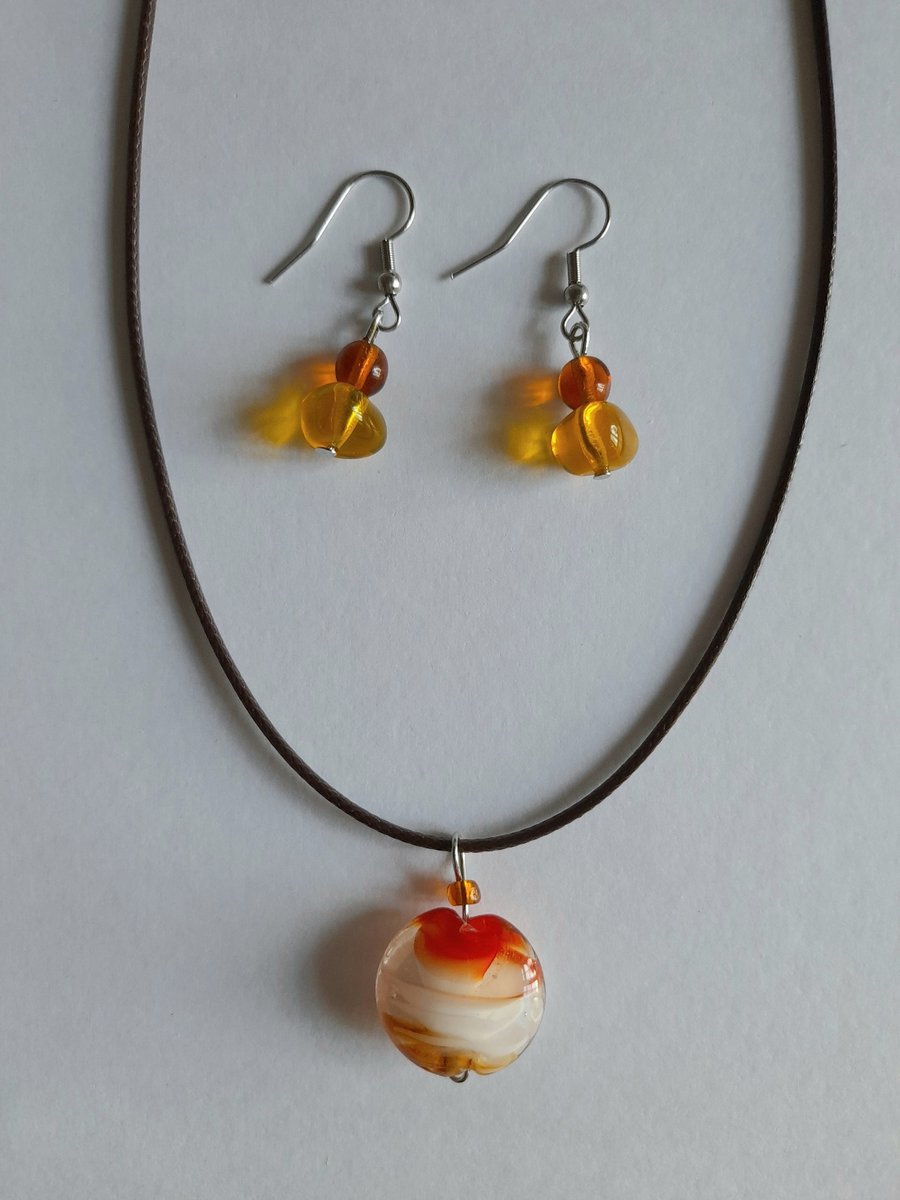 Murano colorful pendant. Art necklace. Hook glass earrings. Jewelry set.