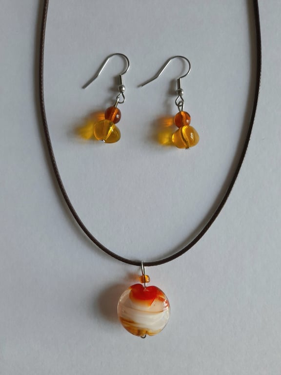 Murano colorful pendant. Art necklace. Hook glass earrings. Jewelry set.