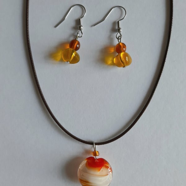 Murano colorful pendant. Art necklace. Hook glass earrings. Jewelry set.