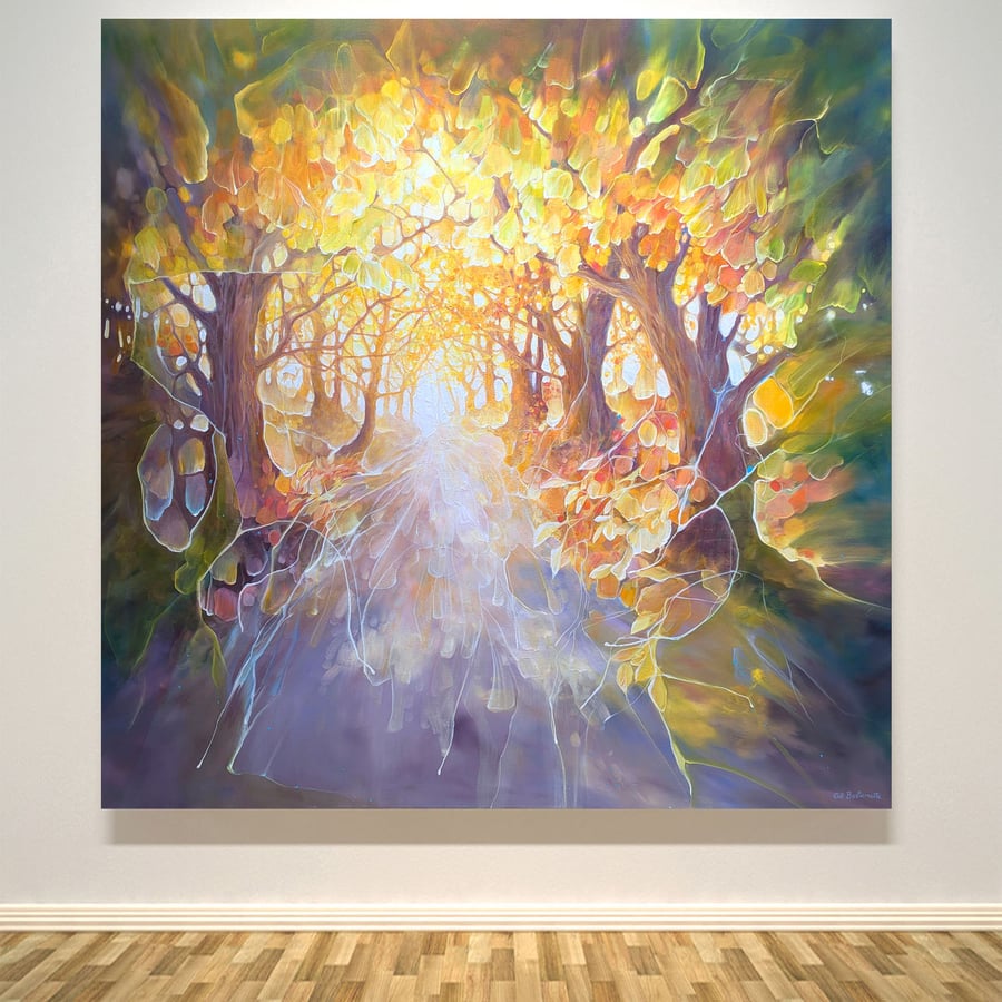 Once Upon a Time is a large oil painting of a colourful woodland path 