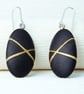 Black pebble earrings, inspired by nature with gold lines and silver earwires - Image 2