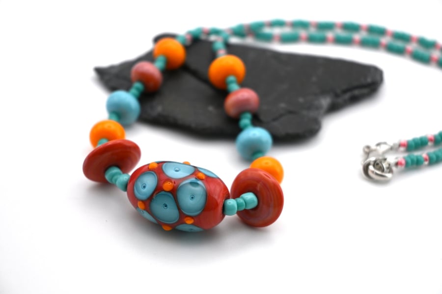 coral pink spot lampwork glass beaded necklace