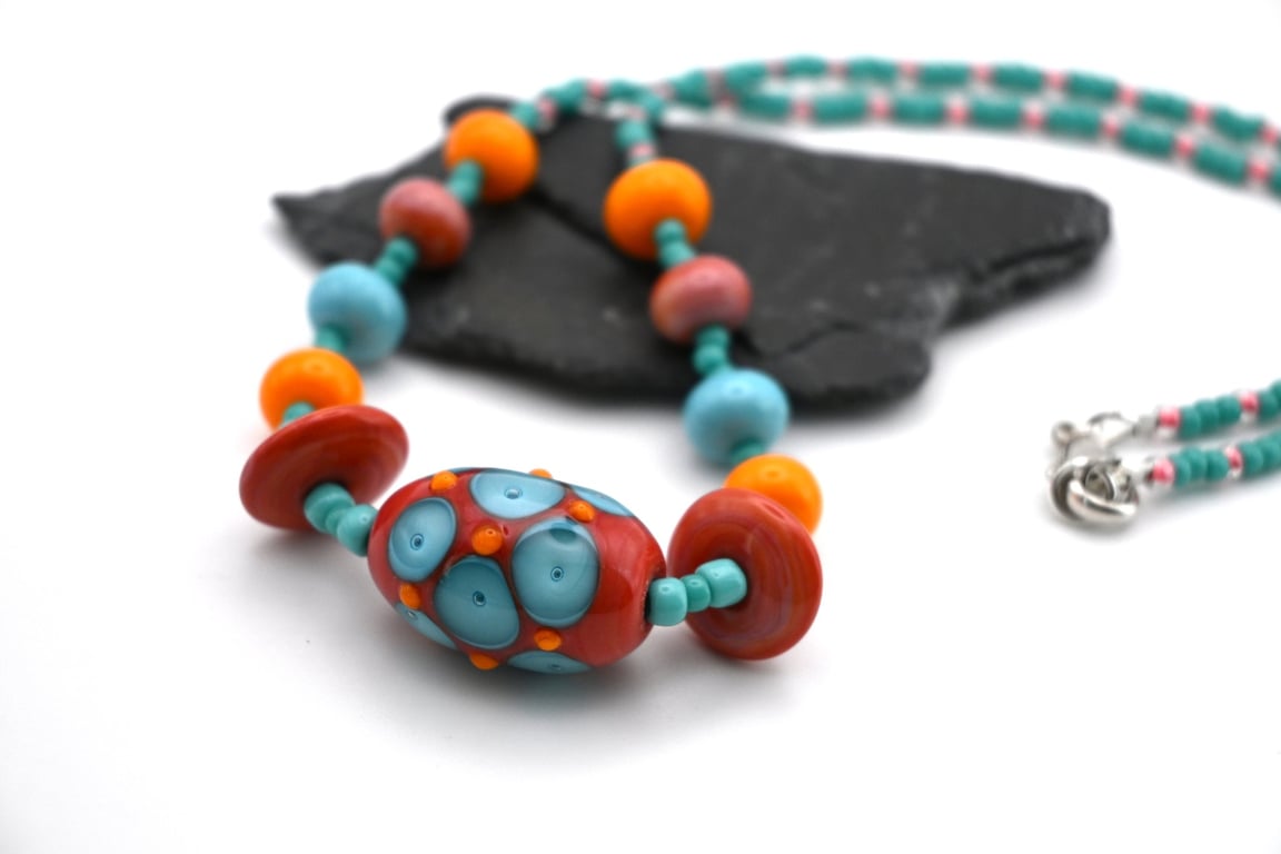 coral pink spot lampwork glass beaded necklace