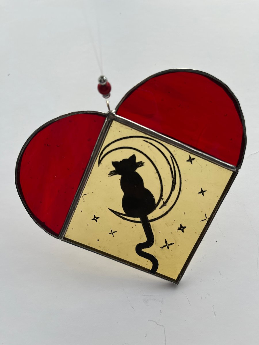 Stained Glass Cat Heart Suncatcher Decoration 