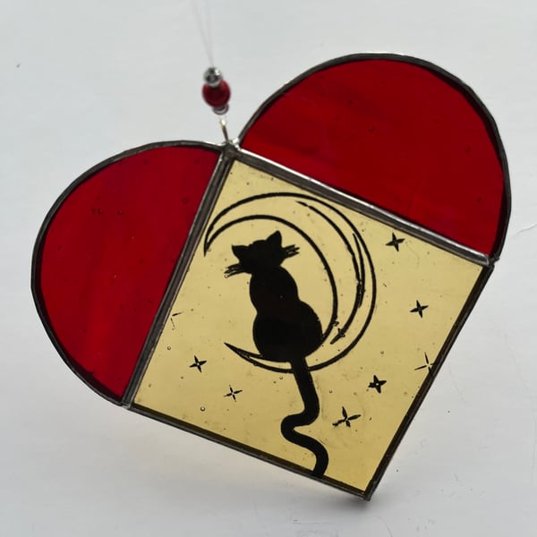 Stained Glass Cat Heart Suncatcher Decoration 